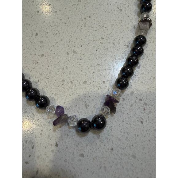 Necklace handmade black, crystal purple accents - Picture 2 of 2